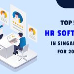 The image depicts employees working on desk wit their lapptops it is like a graphic. The text written on the image is Top 5 HR Software in Singapore 2024