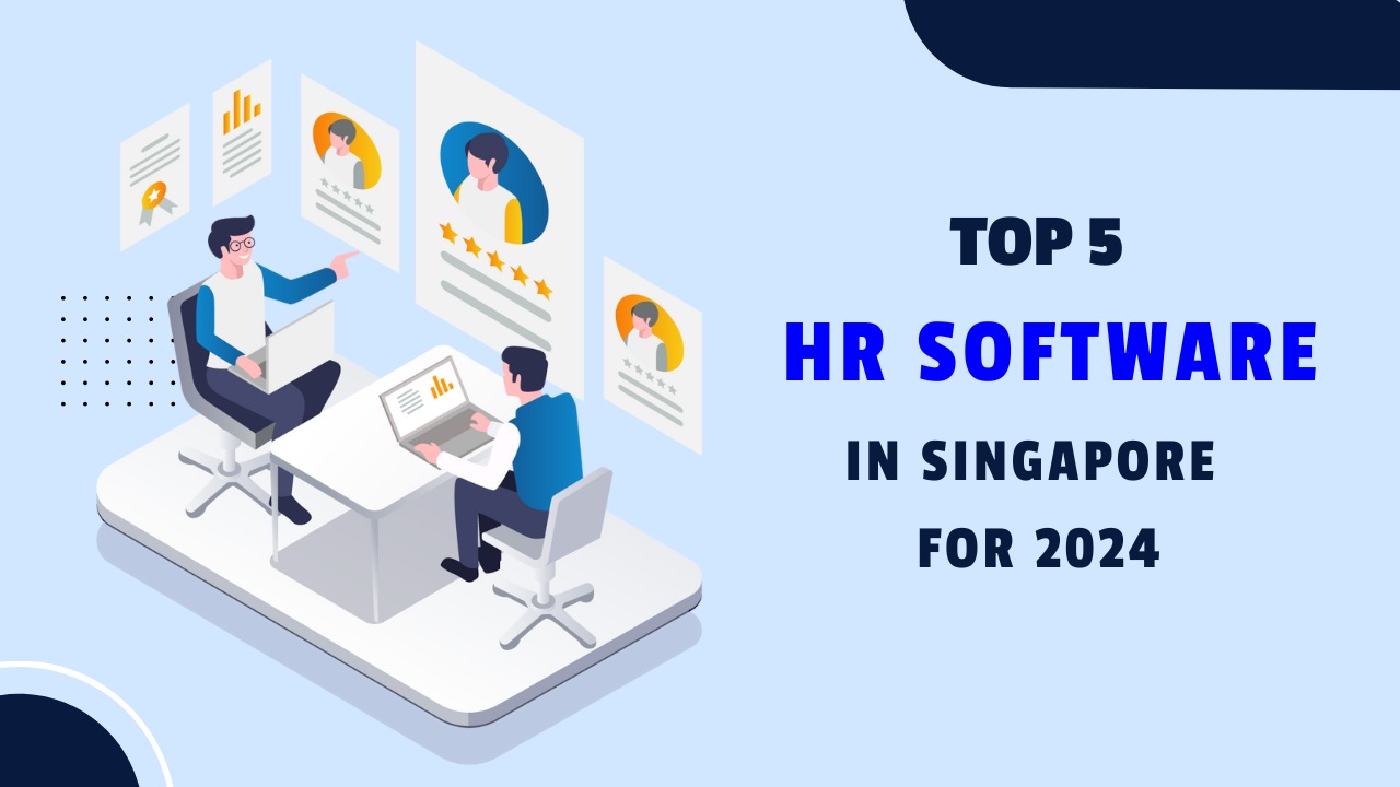 The image depicts employees working on desk wit their lapptops it is like a graphic. The text written on the image is Top 5 HR Software in Singapore 2024