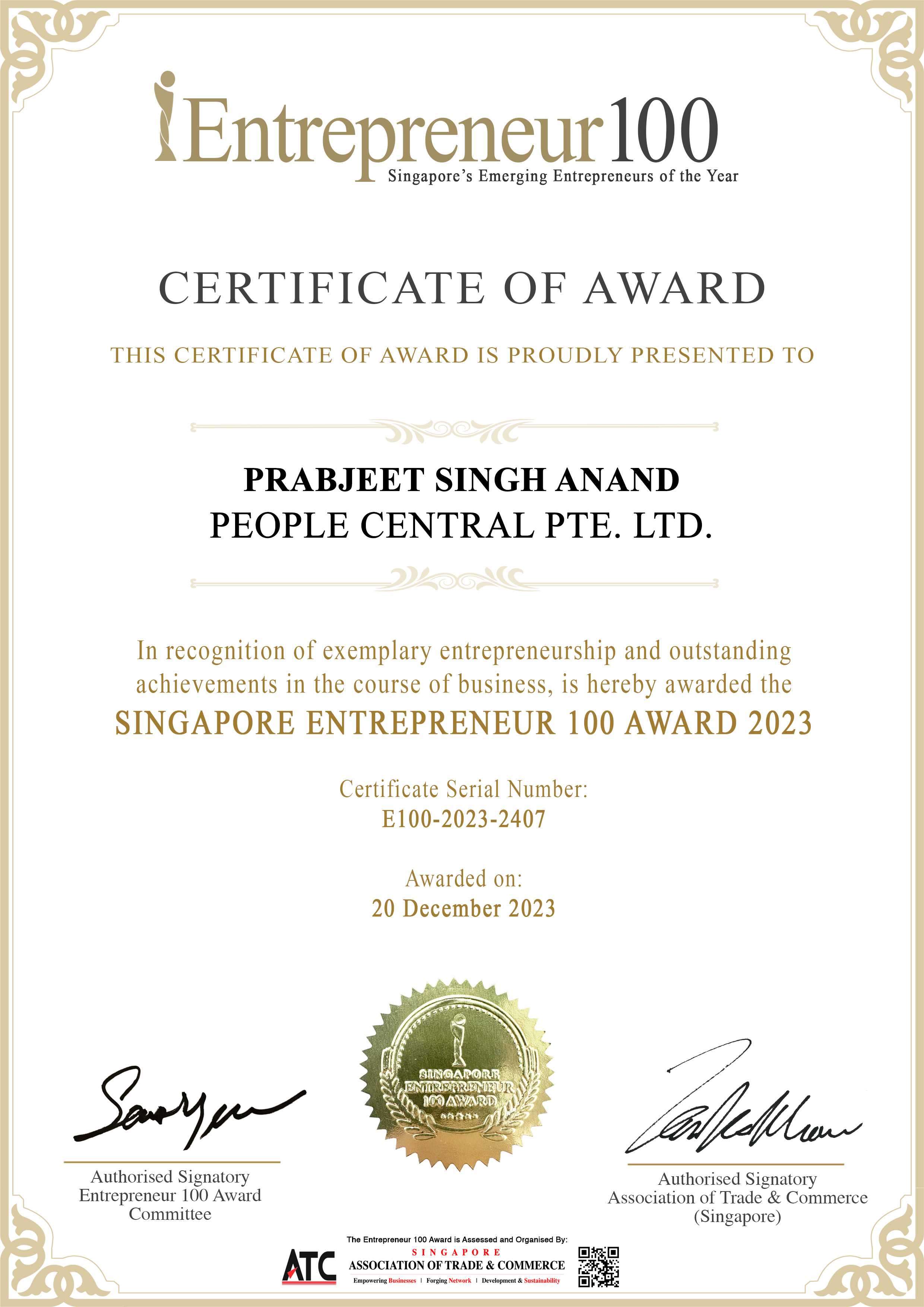 Singapore Entrepreneur 100 Award Certificate