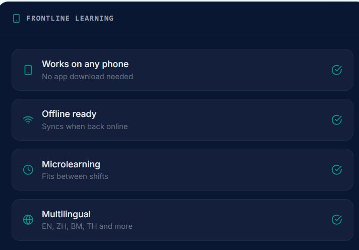 Frontline learning card showing offline-ready microlearning on any phone